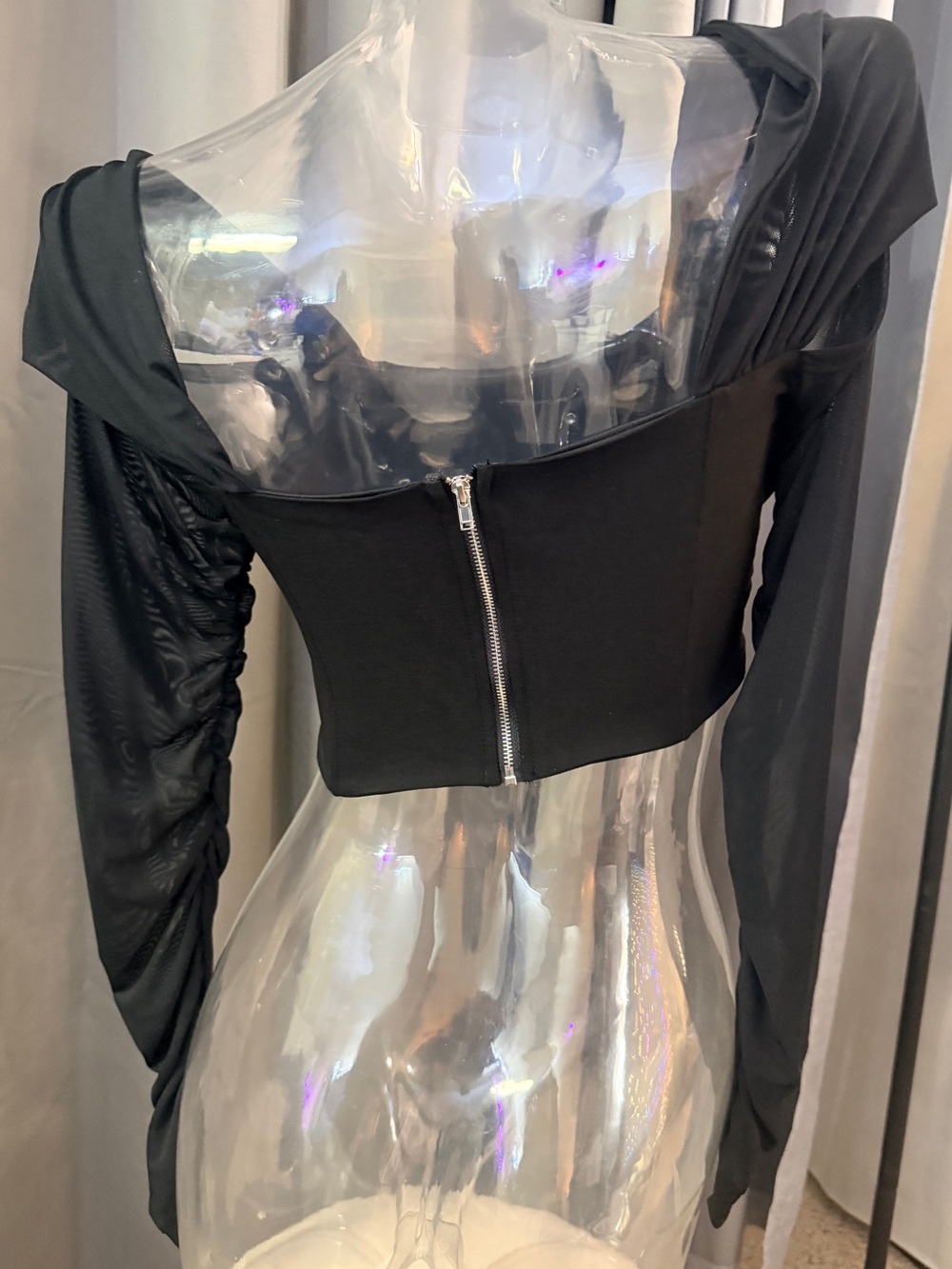 Black Off-Shoulder Zip-Front Crop Top